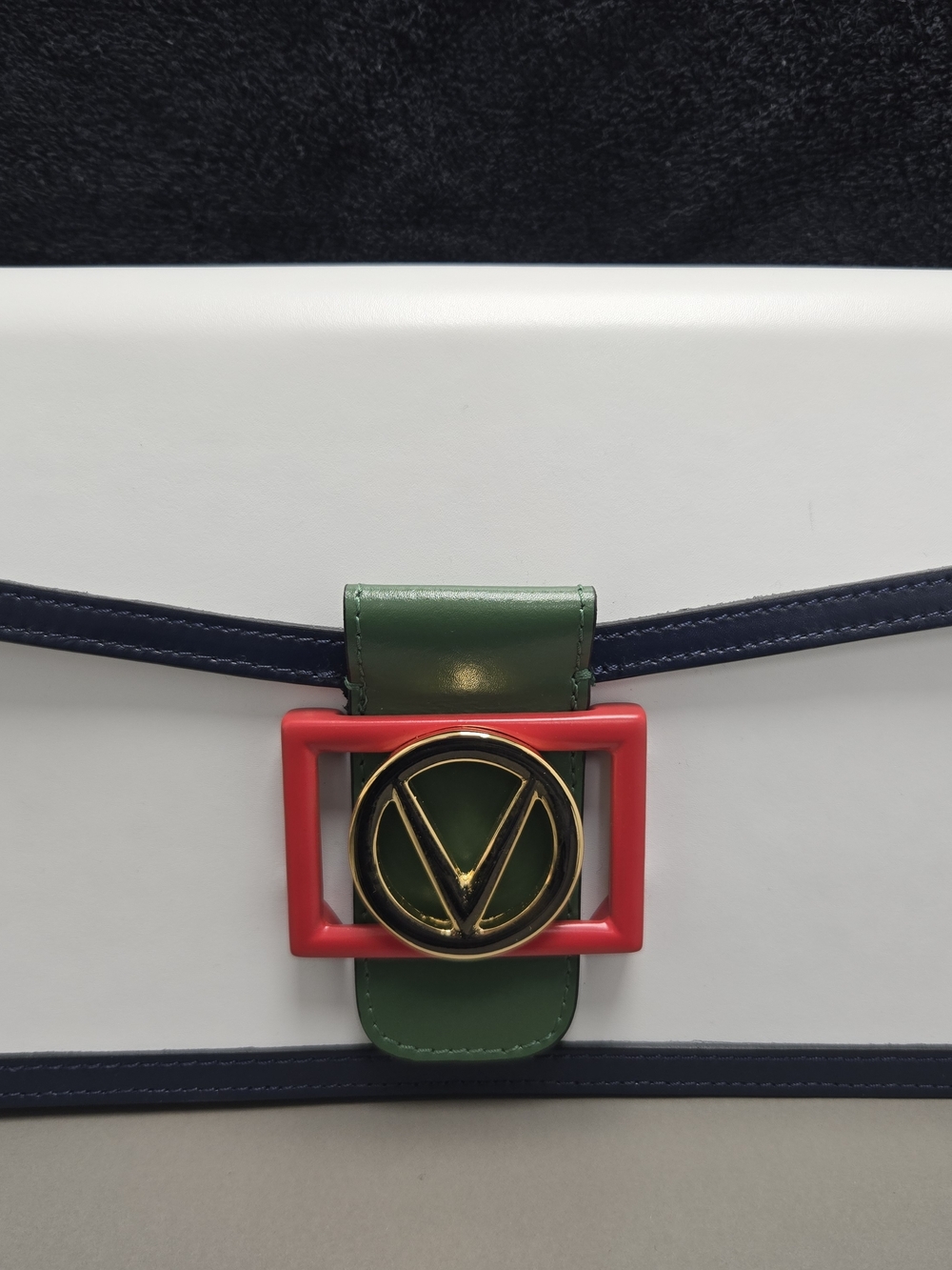 Valentino By Mario Valentino Green, White & Navy Crossbody with Red Buckle - Picture 2 of 3